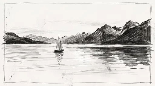 Pencil Sketch of Sailboat and Mountains