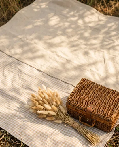 Picnic Basket and Dried Grass on Blanket