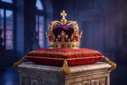 Golden Royal Crown on Velvet Cushion