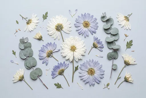 Pressed Chrysanthemums and Eucalyptus Flat Lay