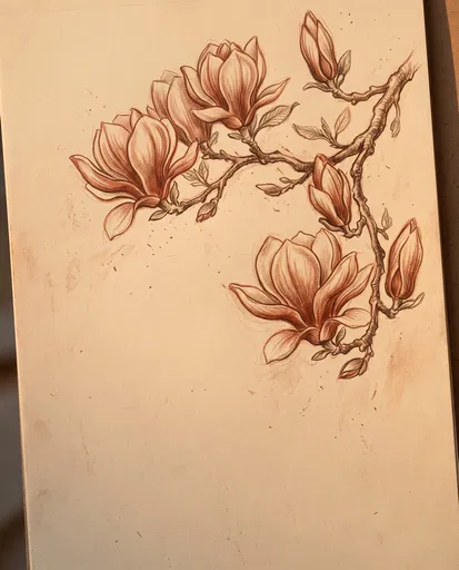 Sanguine Pencil Sketch of Blooming Magnolia Branch