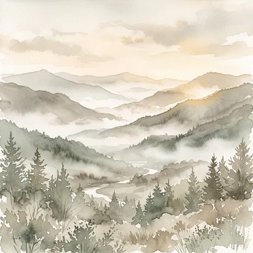 Misty Mountain Valley Watercolor Landscape