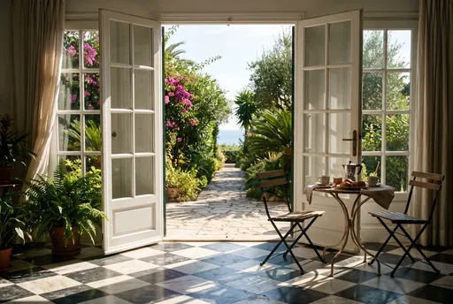 Sunny Villa French Doors With Breakfast Table