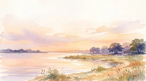 Pastel Watercolor Lake Shoreline at Sunset
