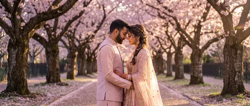 South Asian Couple Beneath Cherry Blossoms