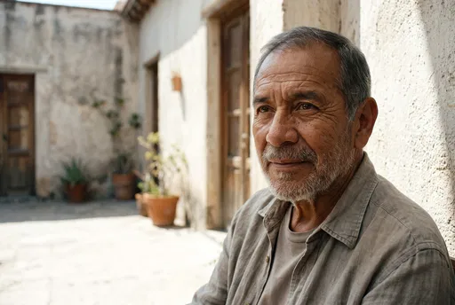 Older Hispanic Man in Sunlit Courtyard