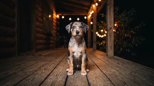 Catahoula Leopard Puppy on Cabin Porch