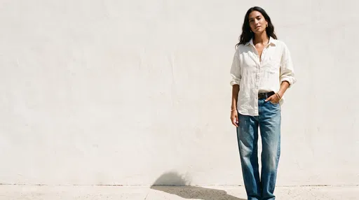 Woman in Linen Shirt and Baggy Jeans