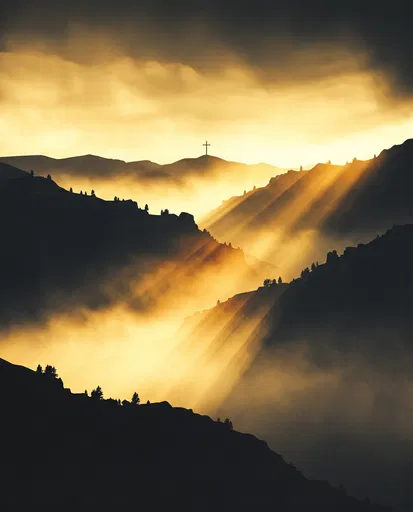 Solitary Cross on Misty Mountain Ridge