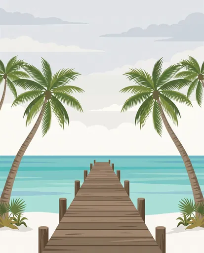 Symmetrical Tropical Wooden Pier and Palms Illustration
