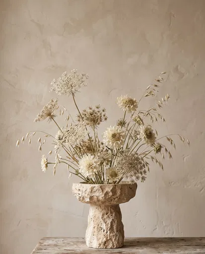Dried Wildflowers in Travertine Pedestal Vase