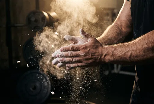 Bodybuilder Clapping Chalk in Dim Gym