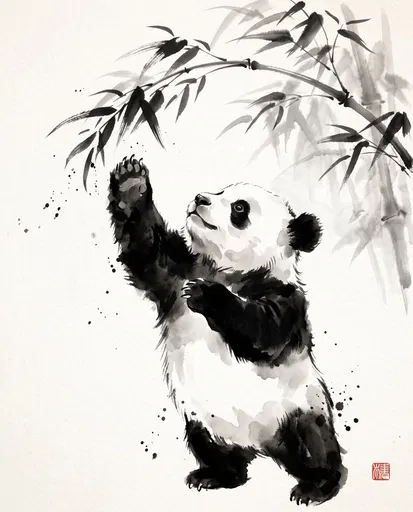 Sumi-e Ink Panda Reaching for Bamboo
