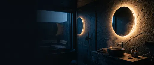 Dark Nordic Spa Bathroom With Backlit Mirror