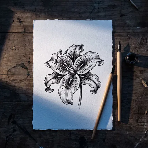 Ink Lily Drawing on Wooden Desk