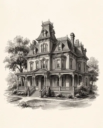 Monochrome Victorian Mansion Architectural Illustration