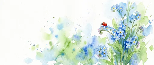 Watercolor Ladybug on Blue Forget-Me-Not Flowers