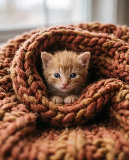 Ginger Kitten in Chunky Knit Blanket