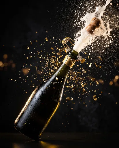 Champagne Bottle Popping with Gold Confetti