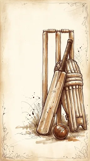 Vintage Sepia Cricket Equipment Sketch