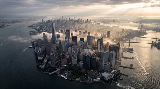 Aerial Sunrise Over Misty City Skyline