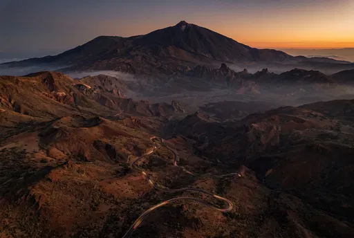Aerial View of Volcanic Mountain at Dusk
