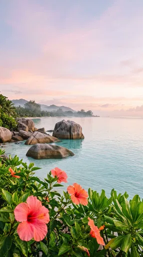 Tropical Lagoon Sunrise with Hibiscus Flowers
