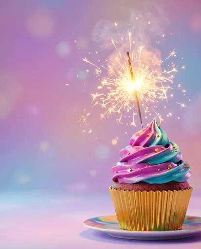 Colorful Frosted Cupcake With Lit Sparkler