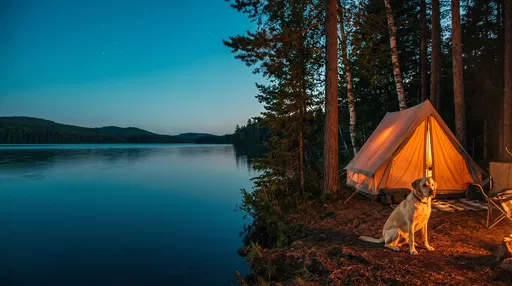 Yellow Labrador at Twilight Lakeside Campsite