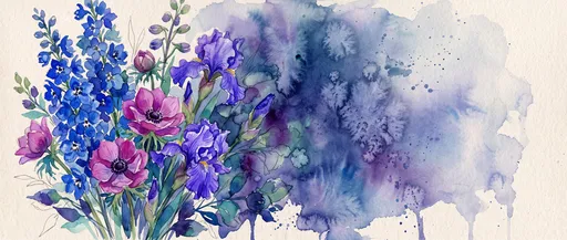 Watercolor Floral Bouquet With Blue Wash