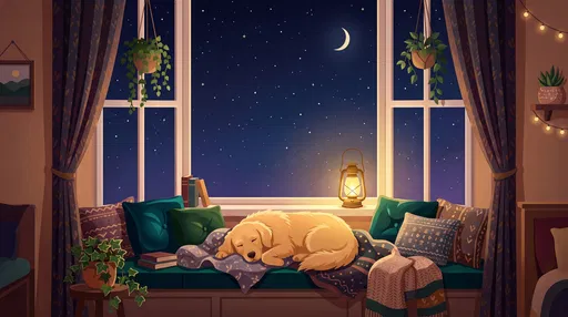Sleeping Golden Retriever on Cozy Window Seat