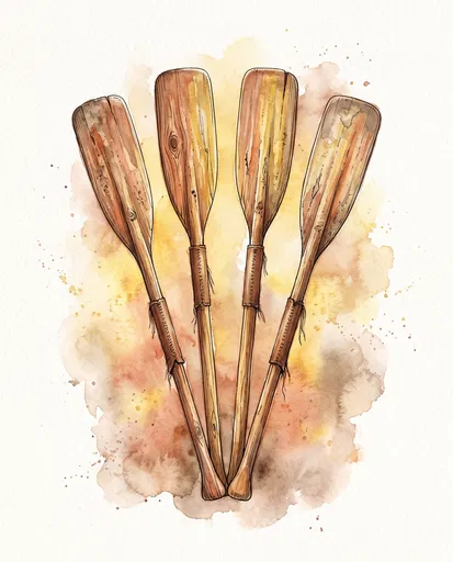 Watercolor Illustration of Four Wooden Oars
