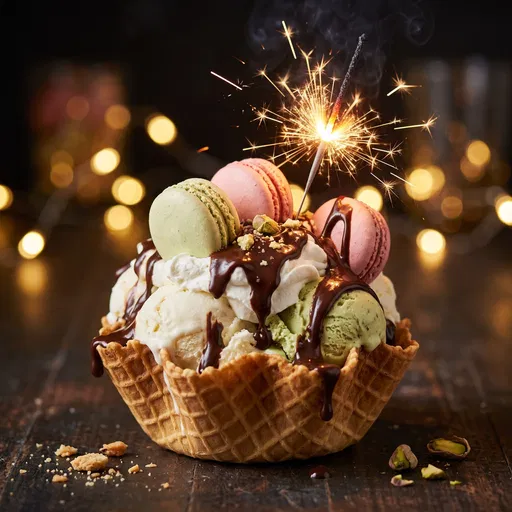 Gourmet Waffle Bowl Sundae with Lit Sparkler