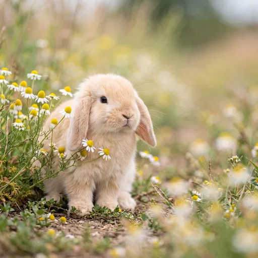 Cream Holland Lop Bunny Beside Chamomile