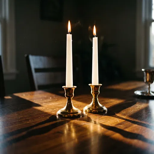 Two Lit Shabbat Candles in Brass Holders