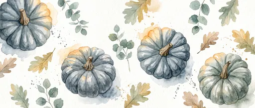 Watercolor Blue Pumpkins and Autumn Leaves Banner
