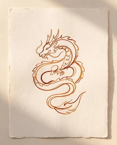 Minimalist Terracotta Line Art Dragon on Paper