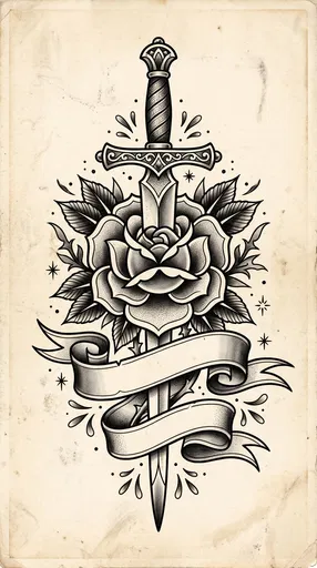 Traditional Sword and Rose Tattoo Flash