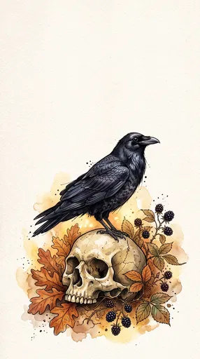 Watercolor Raven on Skull with Autumn Leaves