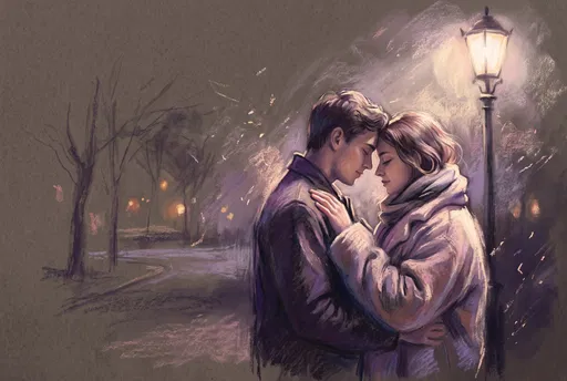 Pastel Drawing of Couple Embracing Under Streetlamp