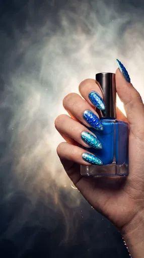 Hand With Blue Textured Nail Art