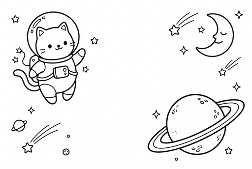 Cute Astronaut Cat Space Coloring Page