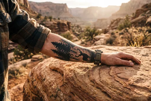 Hiker Forearm With Forest Stag Tattoo