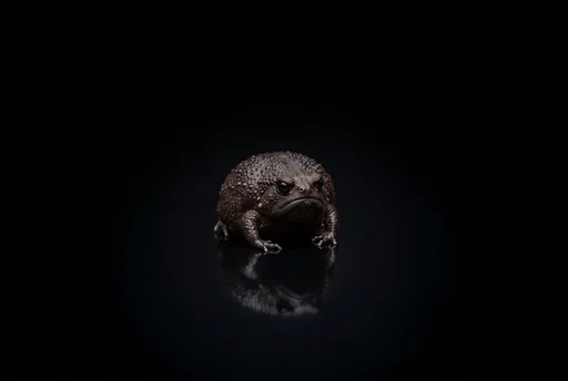 Grumpy Black Rain Frog on Reflective Surface