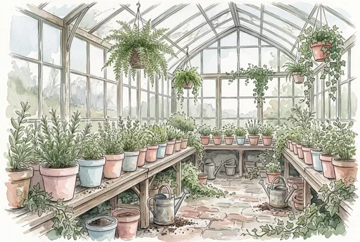 Watercolor Greenhouse Interior With Potted Herbs