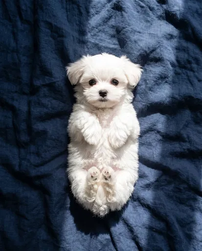 White Maltese Puppy on Navy Linen