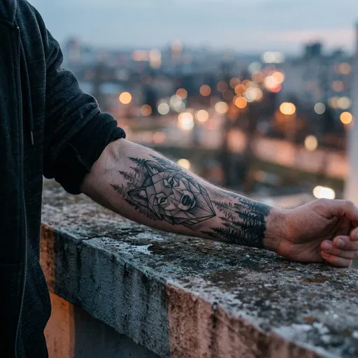 Man With Geometric Wolf Forearm Tattoo