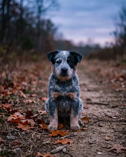 Blue Heeler Puppy on Autumn Trail