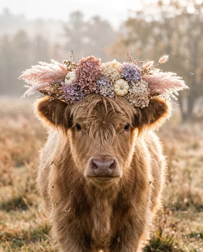 Highland Calf Wearing Pastel Autumn Floral Crown