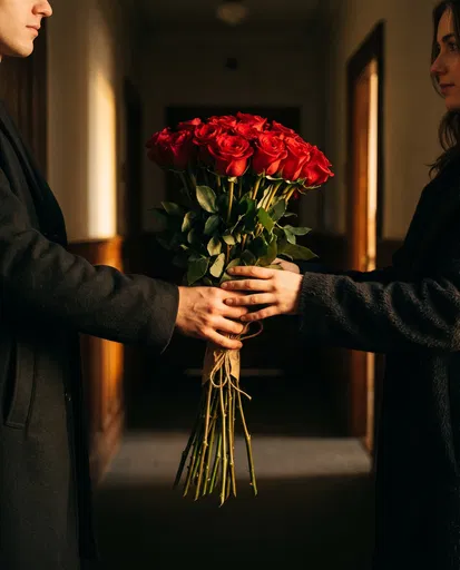Couple Exchanging Red Roses in Hallway